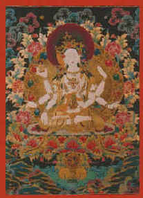 Ushnisha.vijaya, a longlife deity holds Amitabha, a noose, bow, arrow, double dorje and flask.
